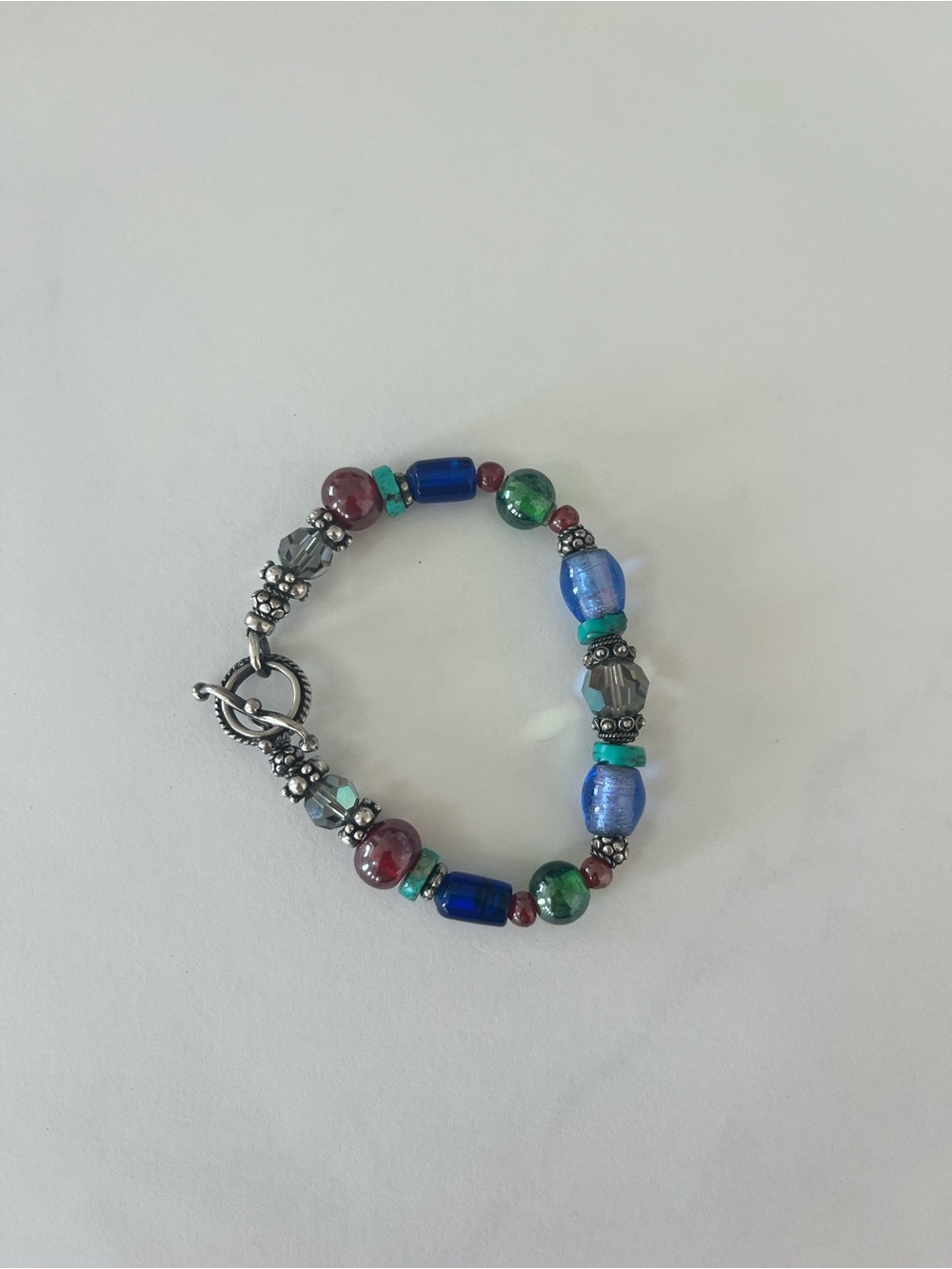7 1/2 inch sterling mixed gem, glass turquoise toggle bracelet! One of a kind